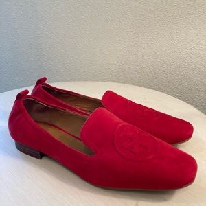 Tory Burch Leigh Silk Elastic Bright Carnelian Loafers, Size 7.5
